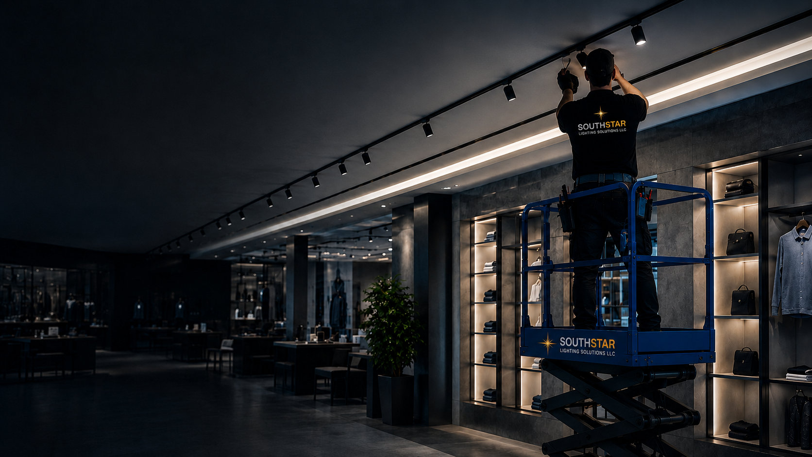 SouthStar technician working on commercial lighting from a lift in a showroom